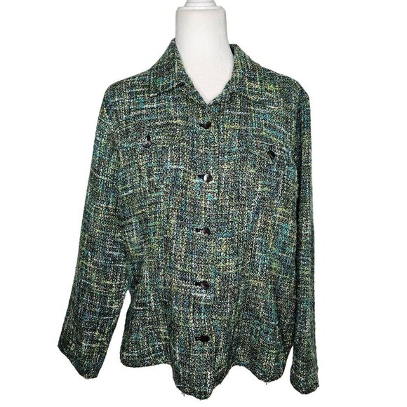 Chico's Tweed Jacket Button Shacket Academia Size 2 Large Green Black - Picture 1 of 8